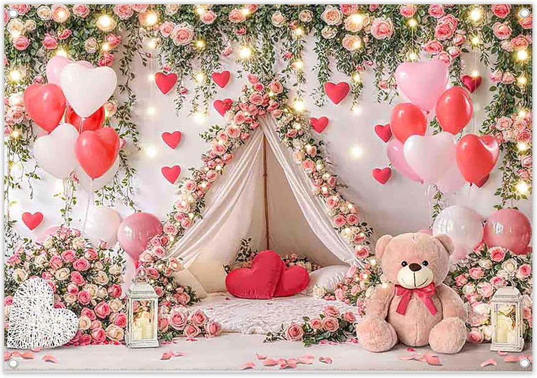 ZTHMOE Fabric 7x5ft Valentine's Day Tent Photography Backdrop Love Heart Balloons Pink Roses Lights Background Girls Wedding Bridal Shower Party Decorations Photo Banner Props