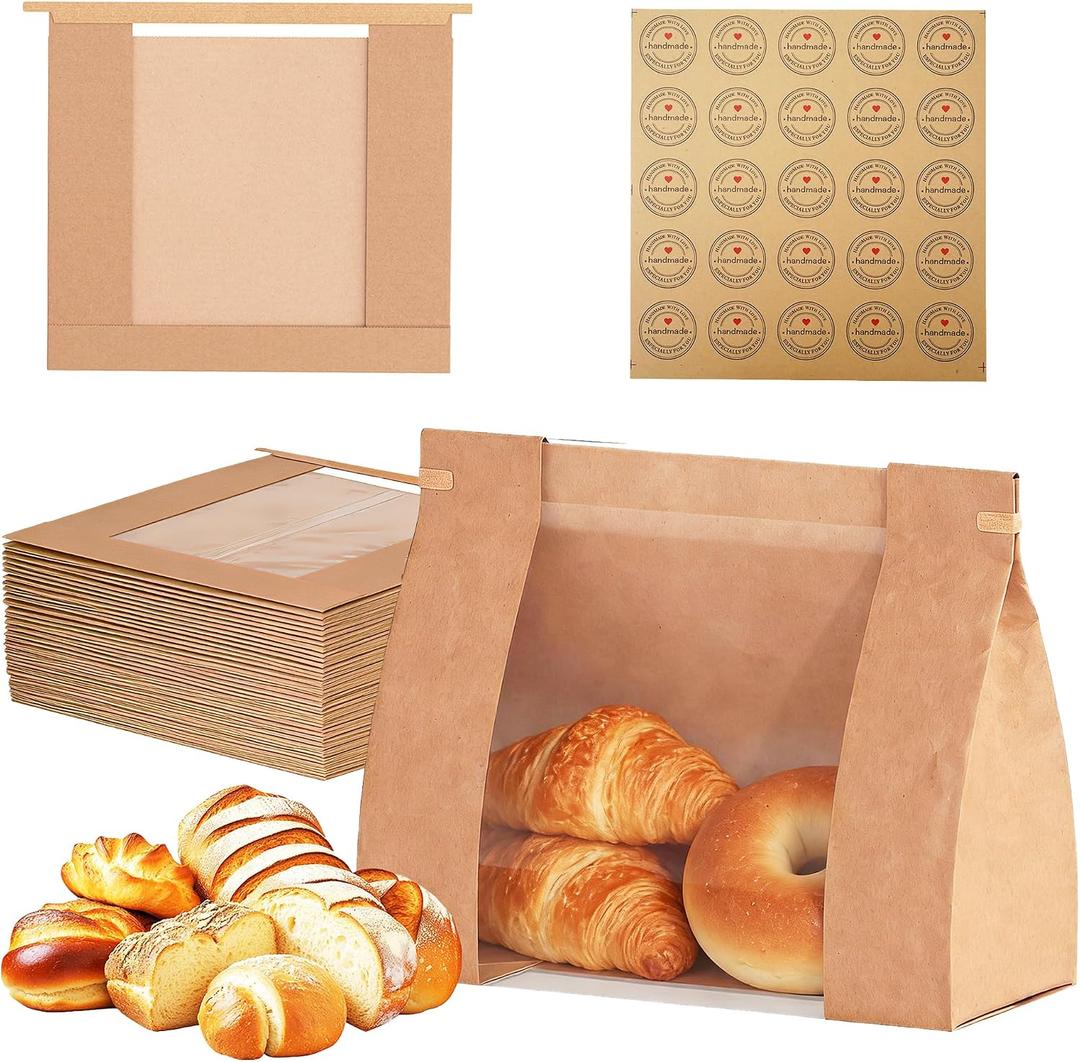 EffiQ-Rate Bread Bags with Window – 100 Pcs Sourdough Homemade Bread Bags, 10.24×4.33×10.24 in, 80g Kraft Paper with Waterproof PE Coating, Stand-Up Base, Includes 100 Sealing Stickers