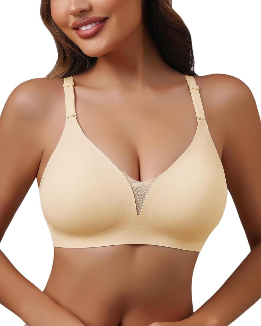 Womens Push Up Bra Plus Size Full Coverage Comfort Bra Back Smoothing Supportive (Beige, S)