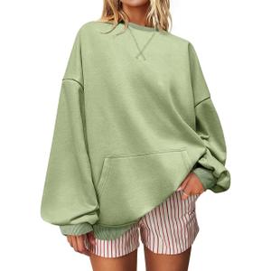 UEU Womens Striped Sweatshirt Crewneck Oversized Pullover Long Sleeve Top | Soft Cotton Blend Fabric, Front Kangaroo Pocket, Ribbed Cuffs Hem, Casual Loose Workout Clothes (Green, S)