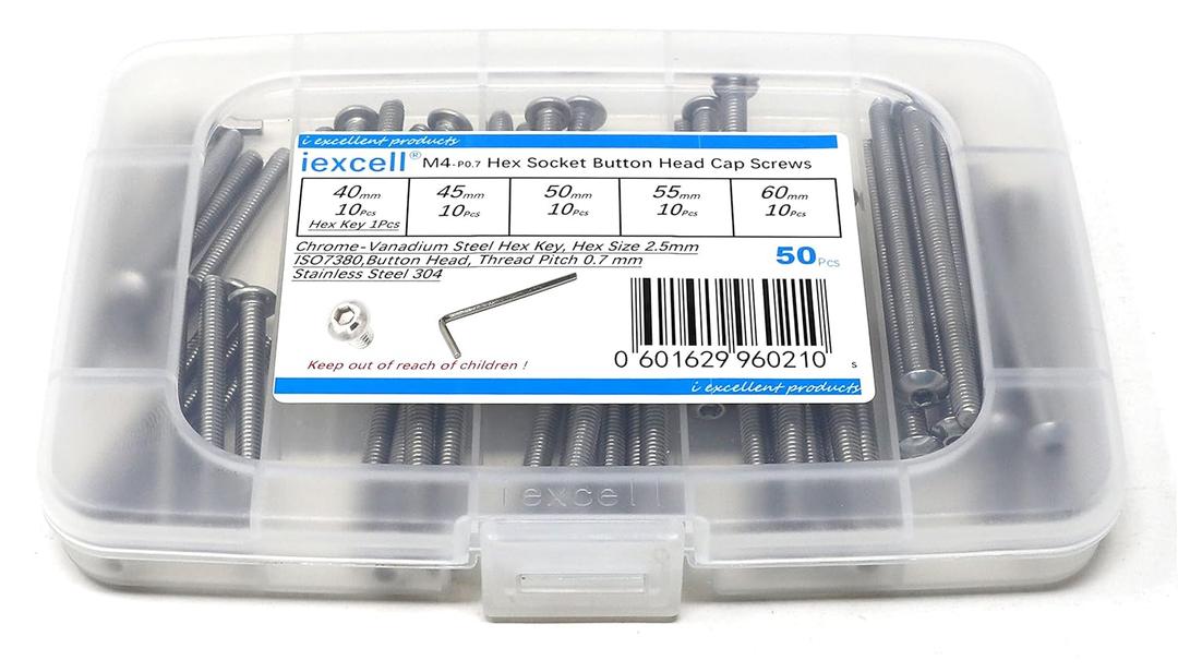 iexcell 50 Pcs M4 x 40/45/50/55/60 Stainless Steel 304 Hex Socket Button Head Cap Screws Bolts Assortment Kit