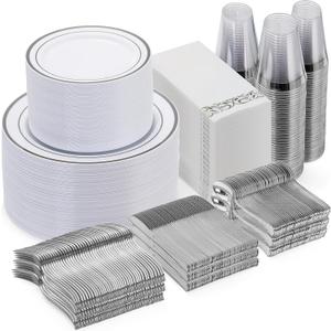 Goodluck 700 Pieces Silver Dinnerware Set for 100 Guests, Disposable Plastic Plates for Party, Include: 100 Dinner Plates, 100 Dessert Plates, 100 Paper Napkins, 100 Cups, 100 Silverware set
