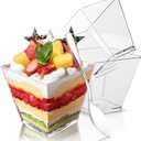 Hiasobre 50 Pack 3.5 oz Plastic Dessert Cups with Spoons, Mini Square Parfait Appetizer Cups, Reusable Small Shooter Cup, Clear Serving Bowls for Tasting Party Samples Dessert Shot Glasses