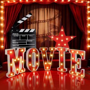 Movie Theater Decor,Film Clapper Board and Light Up Letters Sign with LED Star Sign Movie Props for Night Decorations,Home Room Theater Decor Party Supplies