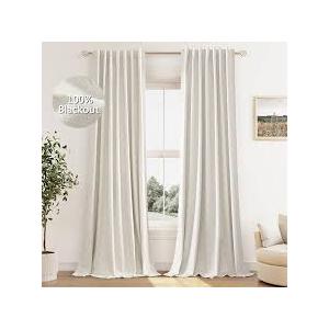Guken Cream Linen Blackout Curtains 84 Inch Length 2 Panels Set for Living Room Bedroom Back Tab Thermal Insulated 100% Black Out Linen Drapes Room Darkening Window Curtains Ivory Natural