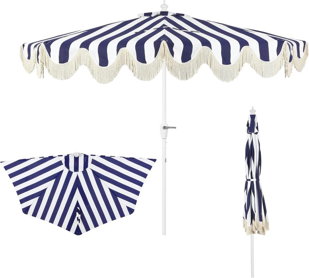JONATHAN Y Half Umbrella UMB1201I Beverly 9 ft. Designer Classic Scalloped Fringe Market Patio with Crank, Tilt Button and UV Protection in Navy/White, White Pole, 108 inches diameter with a 97 inch pole
