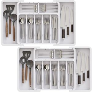 2 Pack Silverware Organizer, Expandable and Adjustable Kitchen Utensil Drawer Organizer, Plastic Cutlery Holder with Multiple Compartments,Cutlery Holder,for Spoons Forks Knives,White,UAFD012W