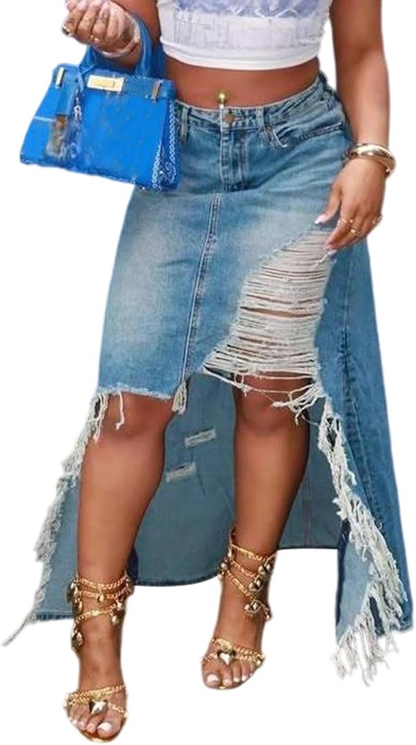 Women's Casual Slit Maxi Denim Skirt High Waisted Ripped Frayed Raw Hem Distressed High Low Long Jean Skirt (XX-Large, Blue)