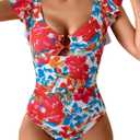 Eomenie Women's One Piece Swimsuit Tummy Control Bathing Suit Cutout Ruffle Slimming Swim Suit (Large, Red Floral Print)