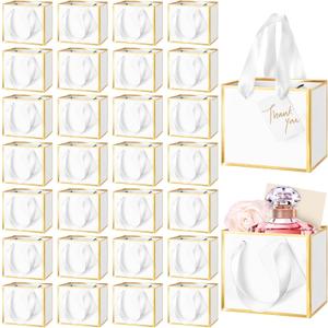 Yeaqee Mini Metallic Paper Gift Bags with Handle 4x4.75x2.2'' Small Gift Bag DIY Tag Thank You Party Favor for Father's Day Wedding Graduation Baby Shower Birthday Jewelry(25 Pcs,White, Gold)