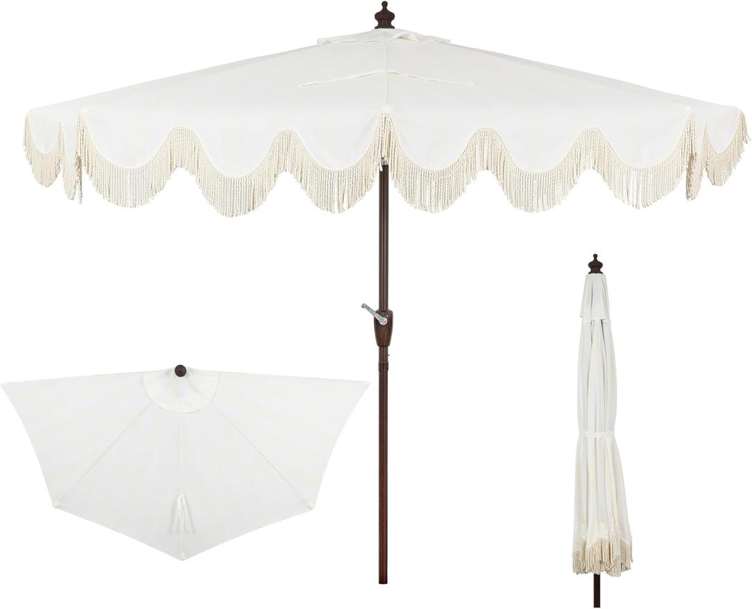 JONATHAN Y Half Umbrella UMB1201D Beverly 9 ft. Designer Classic Scalloped Fringe Market Patio with Crank, Push Button Tilt and UV Protection in Cream/White