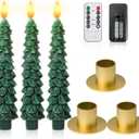 Honoson 3 Sets Christmas Tree Flameless Taper Candles with Remote Timer 10" LED Candles Battery Operated Green Candlesticks with 3D Flickering Flame for Holiday Window Fireplace Decor(Gold Base)