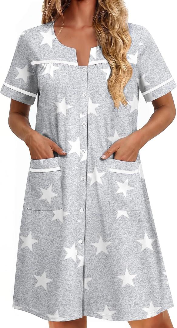 Ekouaer Nightgowns for Women Cotton House Dress with Pockets Button Down Night Gown Short Sleeve Duster Housecoat XL