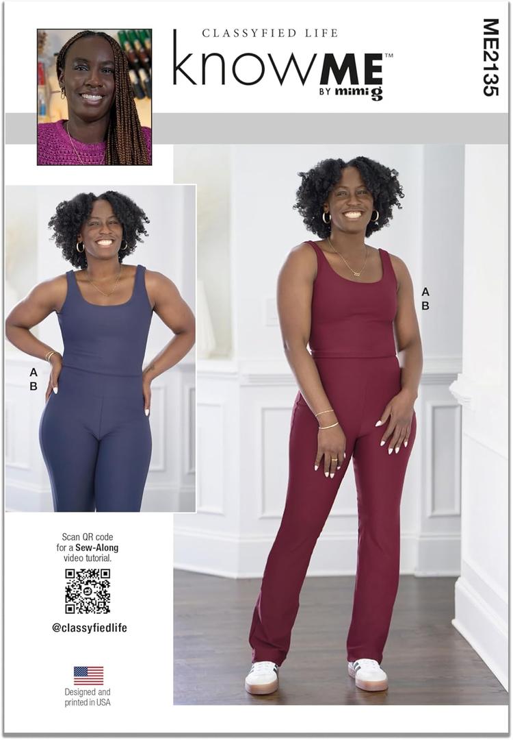 Know Me ME2135A Misses' Cropped Sleeveless Sports Top and High Waisted Leggings Sewing Pattern Packet by Classyfied Life, Design Code ME2135, Sizes XS-S-M-L-XL-XXL