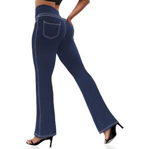 VOOVEEYA Women's Bootcut Leggings - Bootleg Yoga Pants Flare with 4 Pockets,Tummy Control High Waisted Casual Dress Pants (Medium, Bootcut-long Length Navy Blue)