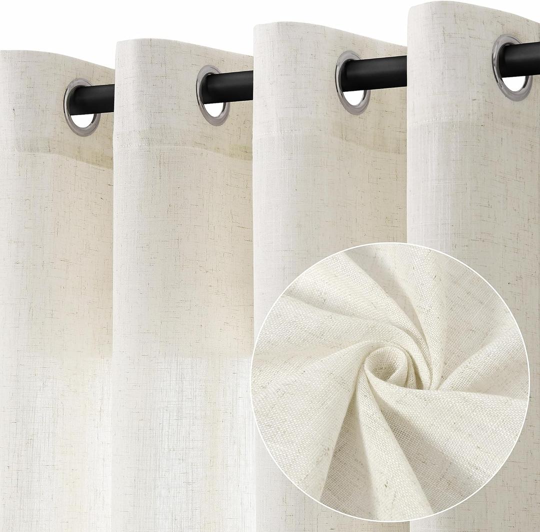 Natural Cream Linen Curtains 100 Inch Length 2 Panels for Living Room Bedroom, Light Filtering Sheer Curtains 100 Inches, Modern Farmhouse Grommet Semi Sheer Soft Privacy Drapes