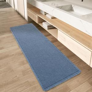 AMOAMI Upgraded Waffle Runner Rug Super Absorbent Non Slip Bath Mats for Bathroom Floor Washable Bathroom Runner Rug with Tassels, Ideal for Hallway Bedroom Laundry Room, Blue, '(17" x 45")