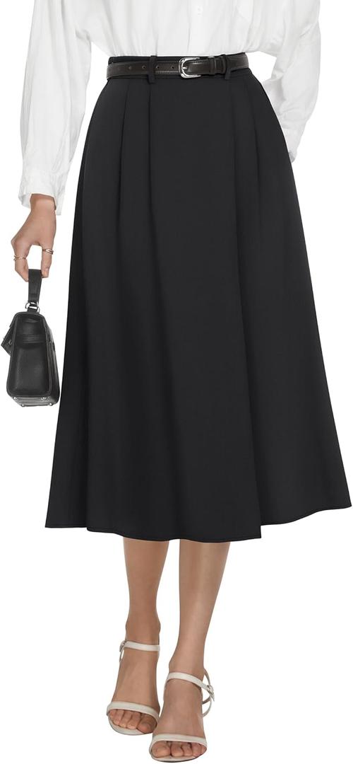 Casly Lamiit Women's High Waisted Midi Skirts Summer Business Skirt Flare Work A Line Pleated Skirt with Pockets (Medium)
