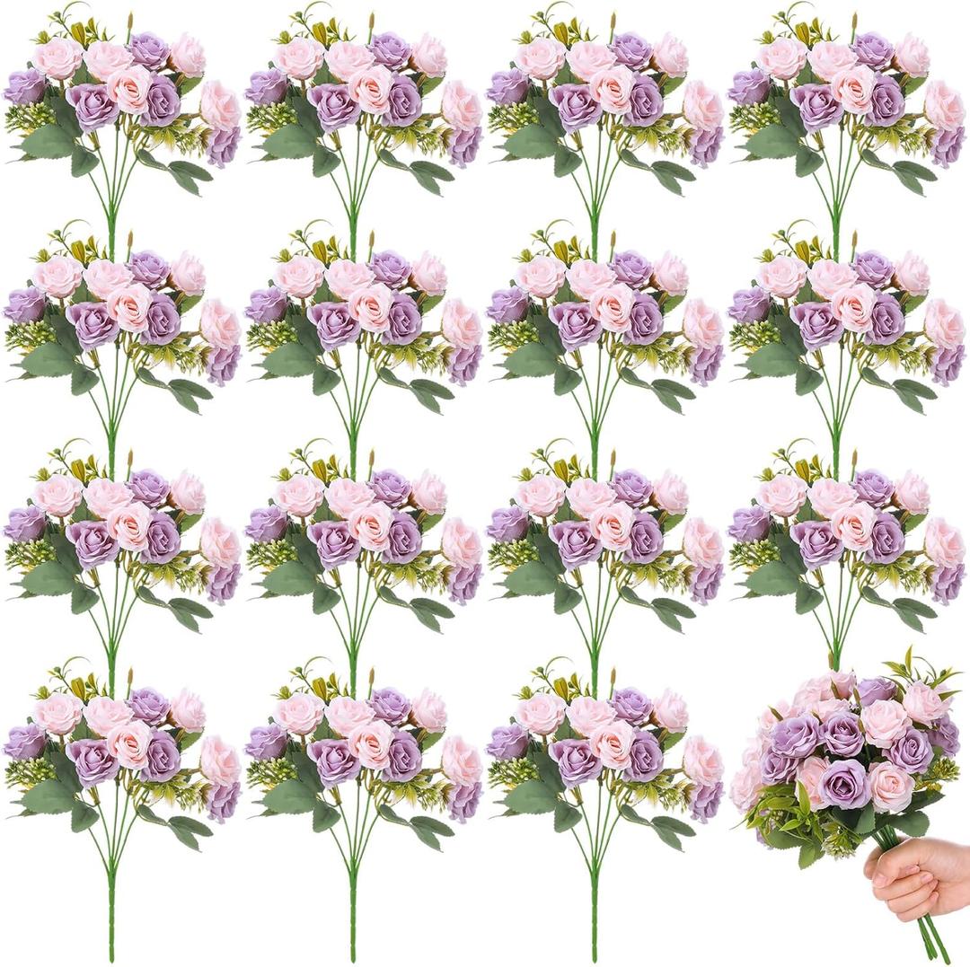 Zeyune 16 Bunches 12 Inch Artificial Mini Rose Bouquet 160 Heads Bridal Flower Bouquets Fake Silk Rose Bulk for Valentine's Day Wedding Bridal Shower Home Office Garden(Pink and Purple)