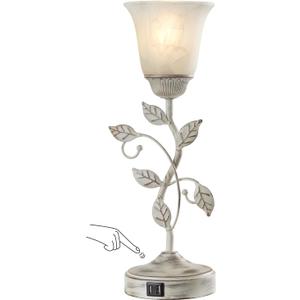 RORIANO Rustic Touch Table Lamp for Bedroom, 3-Way Dimmable Nightstand Lamp with 2 USB Ports, Retro Vintage White Glass Shade Leaf Desk Lamp for Living Room Entryway, LED Bulb Included