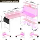 Aheaplus L Shaped Gaming Desk with Power Outlets & LED Lights, Small L- Shaped Desk Computer Corner Desk with Monitor Stand & Storage Shelf, Home Office Desk Writing Desk with Storage Bag, Pink, 49Inch