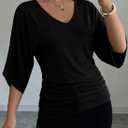 EVALESS Womens Tops Spring Summer 2026 Trendy 3/4 Length Batwing Sleeve | Ruched Going Out Dressy Blouses,Fashion Work Business Casual,V Neck Cute Loose Basic T Shirts,Beach Vacation Outfits Clothes (Black, M)