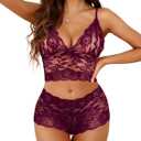 Lilosy Sexy Sheer Floral Lace Pajamas Lingerie Set High Waist Sleepwear Bra and Panty 2 Piece Nightwear (Small, Wine Red)
