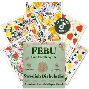 FEBU Swedish Dishcloths for Kitchen | 5 Pack Fruit Pattern Reusable Paper Towels Washable | Swedish Dish Towels | Non-Scratch Cellulose Sponge Cloths | No Odor, Biodegradable Cleaning Cloths