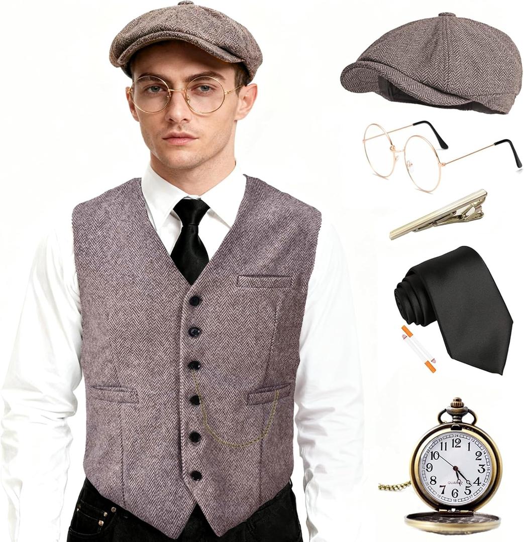EFORLED Halloween 1920s Mens Costume Accessories Set,Great Gatsby Clothing,Roaring 20s Pocket Watch,Mafia Mobster Hat (Medium)