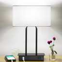 Bedside Touch Control Table Lamp with Dual USB Charging Ports 1 AC Outlet, 3 Way Dimmable Modern Nightstand Lamp with White Fabric Shade, Desk Lamp for Bedroom Living Room Office with 5000K LED Bulb, Black