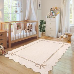 GarveeHome Scalloped Bow Rug for Living Room, Solid Beige Rug for Dorm, Washable Rugs 3x5 Soft Low Pile Non Slip Scalloped Rugs for Nursery Bedroom Decor Hallway Kids Room Playroom