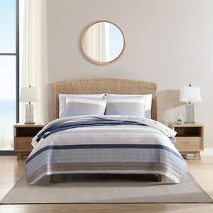 Nautica - Full/Queen Quilt Set, Reversible Bedding with Matching Shams, Striped Bed Set, Medium Weight for Year Round Use, Oeko-Tex Certified (Galewood Blue)