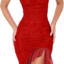 BORIFLORS Women's Sexy Ruched Bodycon Midi Dresses Square Neck Sleeveless Ruffle Hem Club Party Tank Dress (Red, XL)