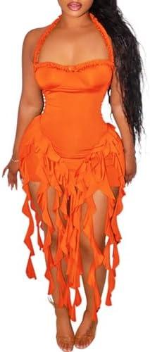 Ecirod Womens Summer Ruffle Fringe Mini Dress Sexy Halter Backless Cocktail Party Short Bodycon Tassel Dresses, S Ecirod Womens Summer Ruffle Fringe Mini Dress Sexy Halter Backless Cocktail Party Short Bodycon Tassel Dresses, S