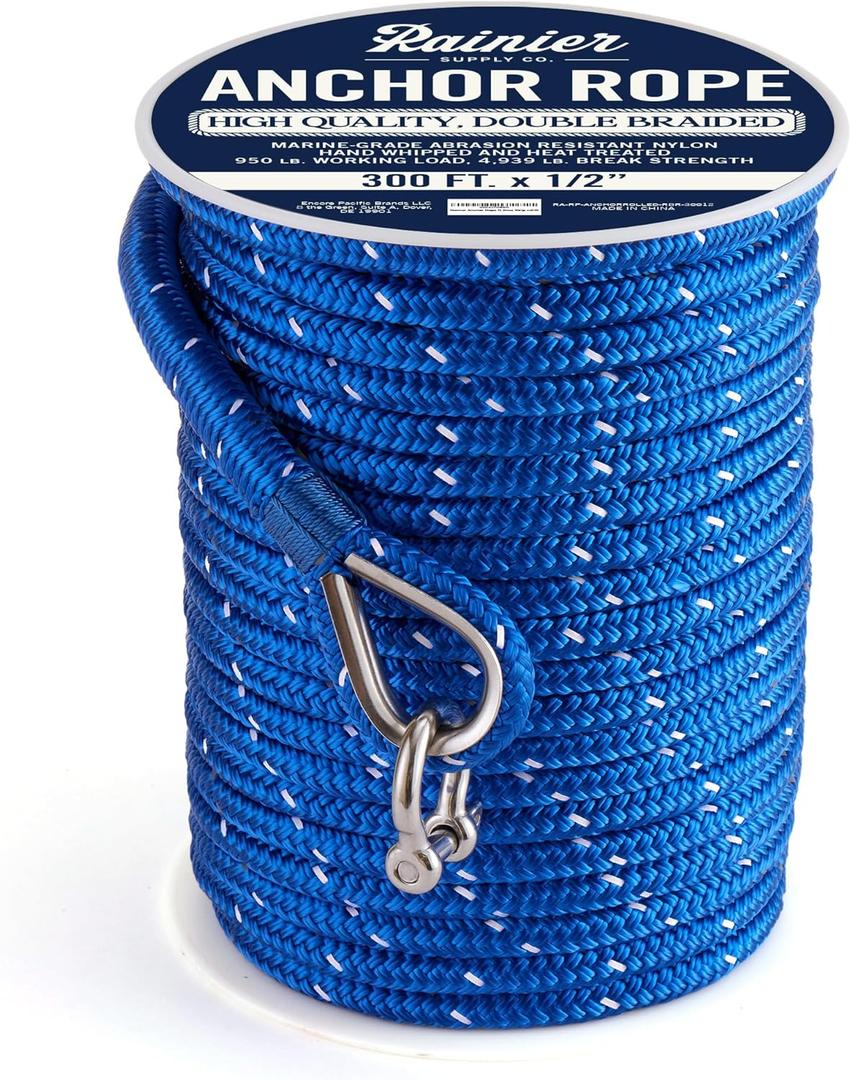 RainierSupplyCo Boat Anchor Rope - Double Braided Marine Rope Anchor Line - 100/150 / 200/300 ft Nylon Boating Line with 316 Stainless Steel Thimble and Heavy Duty Marine Grade (Royal Blue with reflective stripe)