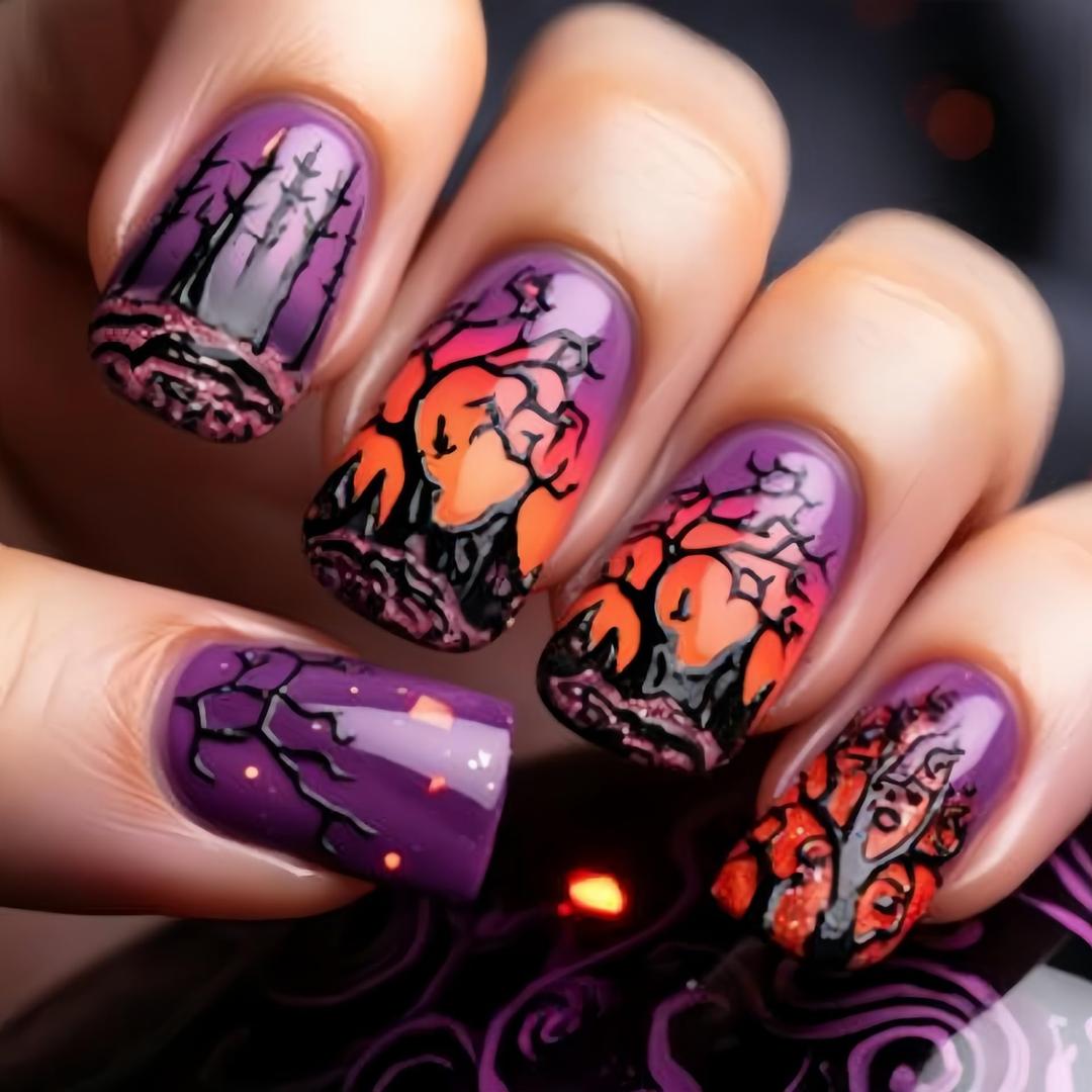 Halloween Press on Nails Medium Square Fake Nails with Designs Withered Tree Stick on Nails Purple Gradient False Nails Forest Acrylic Nails Glossy Full Cover Glue on Nails for Women