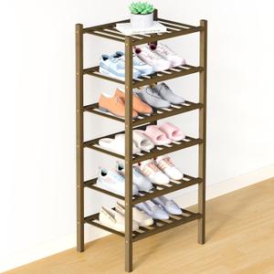 Smiry Bamboo Shoe Rack for Closet, 6 Tier Small Wooden Shoe Organizer, Stackable Wood Shoe Storage Shelf for Entryway, 14 Vertical Slats, 3+3 Stack Heavy-Duty Legs, 17.32"x11.02"x36.61", Walnut