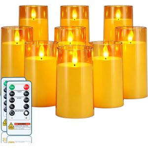 Homemory Amber Flickering Flameless Candles, Battery Operated Acrylic LED Pillar Candles with Remote Control and Timer, Fall Candles, Set of 9