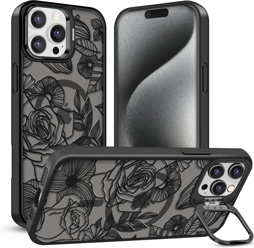 TQLGY Magnetic for iPhone 15 Pro Max Case, Translucent Matte Back Floral Line Rose Phone Case for Women, Compatible with MagSafe, Built-in Stash Stand, Military Drop Protection, Black