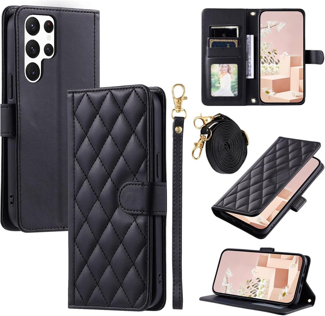 for Samsung Galaxy S25 Ultra Wallet Case, Magnetic Snap Flip Leather Cover with Credit Card Holder Stand WristbandSamsung S25 Ultra Protective Phone Case for Women Black