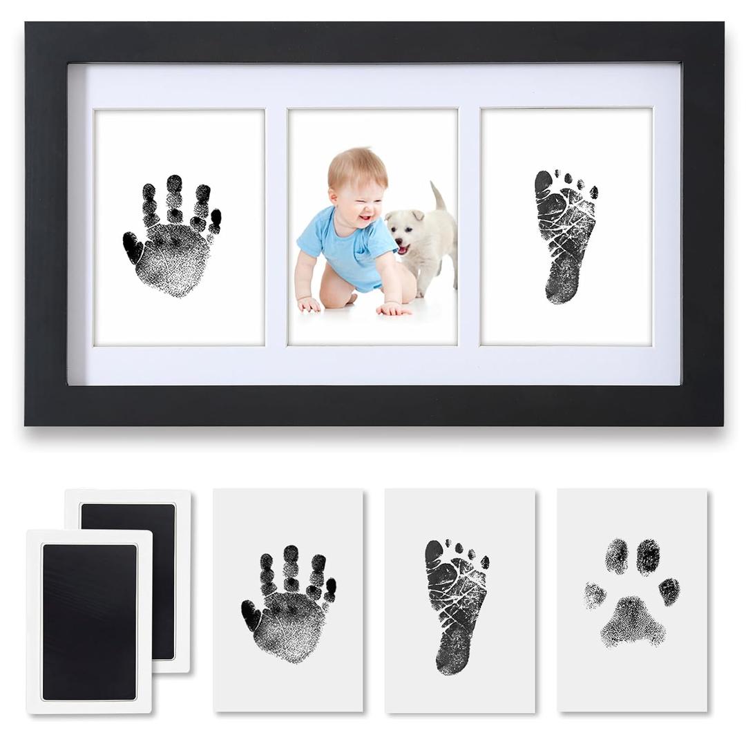 Hand and Footprint Kit,Inkless Handprint Kit with 2 Safe Clean-Touch Ink Pads and a Wooden Baby Picture Frame Gifts for New Parents, Shower Gift-Black
