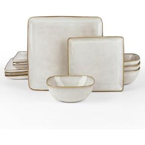 Famiware Dinnerware Sets for 4, Ocean Square 11-Piece Kitchen Plates and Bowls Sets, Reactive Glaze, Microwave and Dishwasher Safe, Scratch Resistant, Cappuccino White