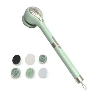 Electric Body Brush Back Scrubber for Shower, IPX6 Water Proof Bath Brush with Long Handle, 6 Heads 3 Speeds Rechargeable Electric Spin Scrubber for Cleanse, Massage, Exfoliate (Green)