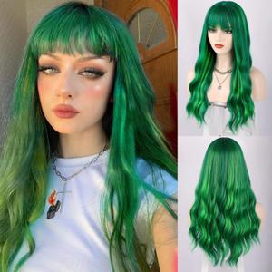 Green Wig with Bangs Long Wavy Wigs for Women Heat Resistant Wavy Wig for Daily Party Use (24 inch Green)