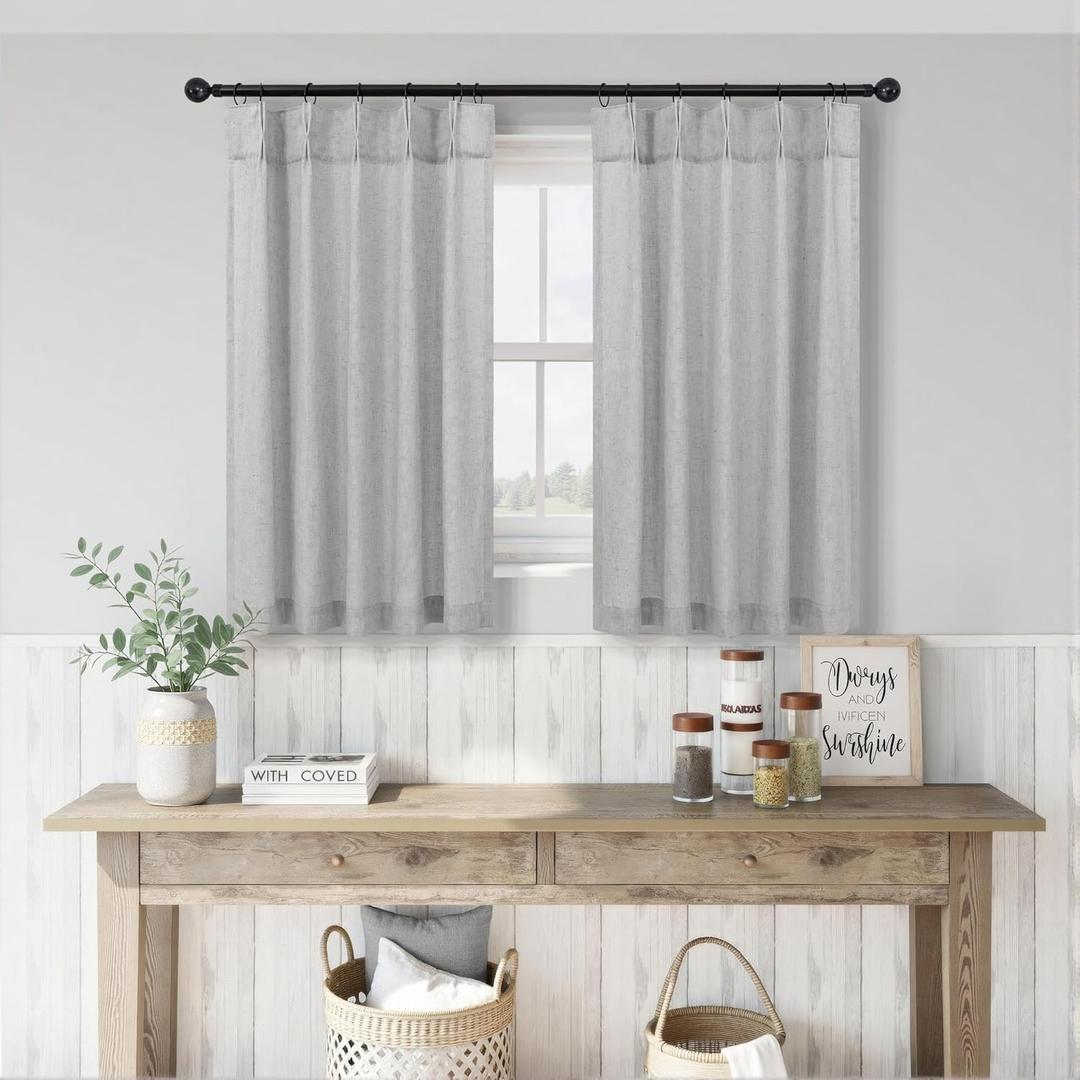 DANCURTON Gray Kitchen Cafe Curtains 24 Inch Length 2 Panels Pinch Pleated Back Tab Light Filtering Sheer Privacy Linen Farmhouse Short Curtains for Small Window Light Grey Curtain for Bathroom 36x24