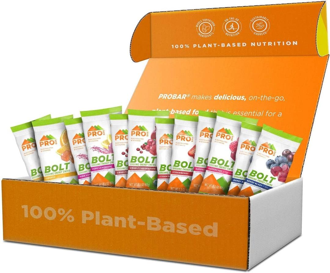 PROBAR - BOLT Organic Energy Chews, Variety Pack, Strawberry, Berry Blast, Orange, Raspberry, Pink Lemonade, Cranberry Pomegranate - Gluten-Free, USDA Certified Organic (12 Count) - Flavors May Vary, 01/22/27