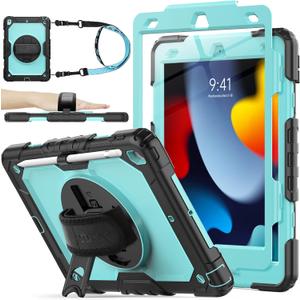 SEYMAC stock Case for iPad 9th/ 8th/ 7th Generation 10.2'', Shockproof with Screen Protector, Pencil Holder [360 Rotating Hand Strap] & Stand, for iPad 10.2 inch 2021-2019 (SkyBlue+Black)