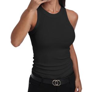GEMBERA Womens Sleeveless Racerback High Neck Casual Basic Cotton Ribbed Fitted Tank Top (Medium, Black)