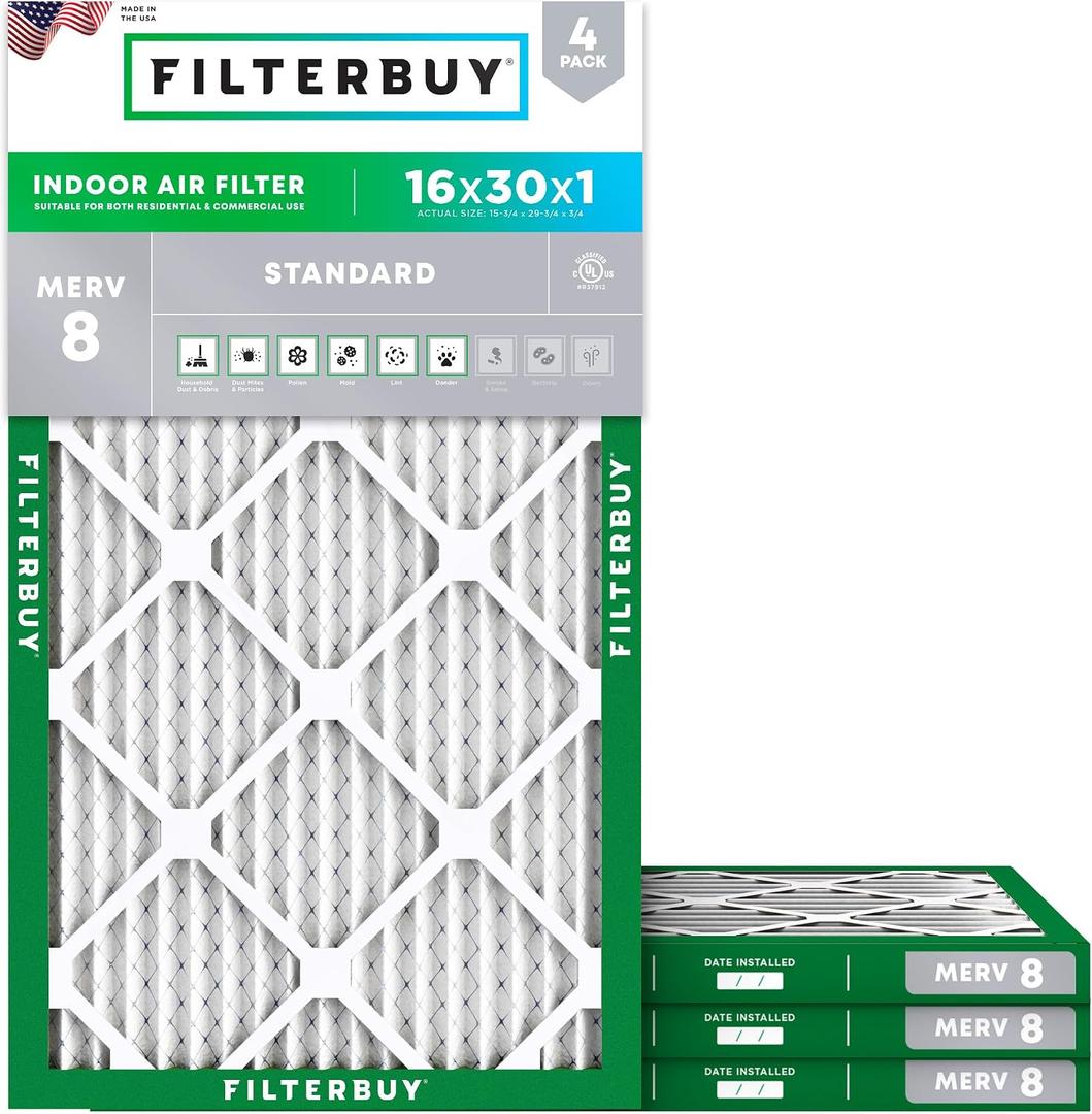 Filterbuy 16x30x1 Air Filter MERV 8 Essential Dust & Allergy Defense (4-Pack), Electrostatic Pleated HVAC AC Furnace Filters Replacement (Actual Size: 15.75 x 29.75 x 0.75)