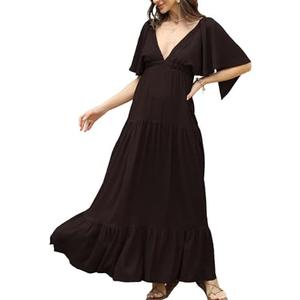 Kikibell Women Summer Dresses Sexy V-Neck Maxi Dress Tiered Silhouette with Flutter Sleeve Backless Elastic Waist Flowy Dress Size XS